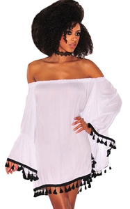 BY220318-1 Black Off Shoulder Black Tassel Trim Dress